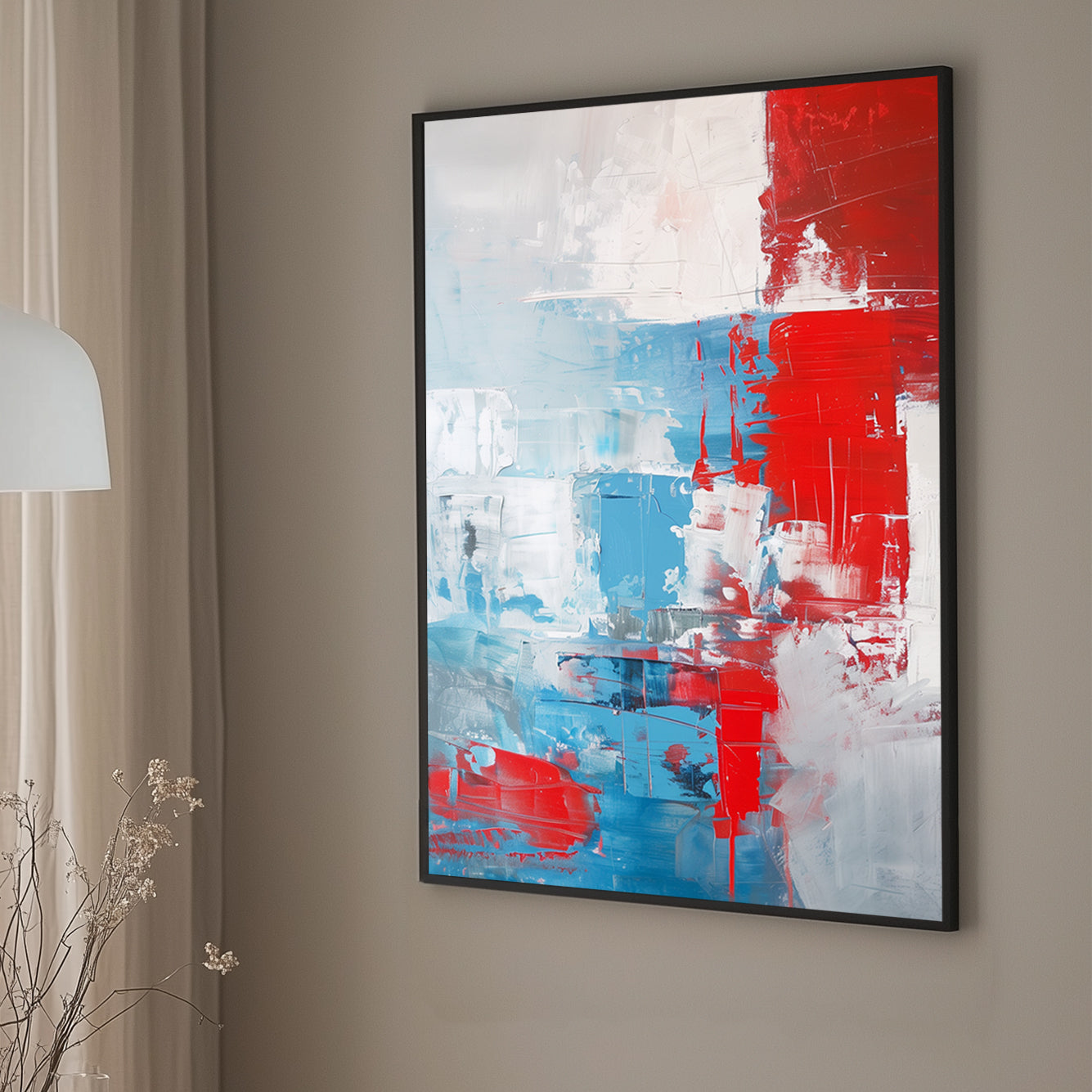 Abstract wall art print featuring vibrant red and tranquil blue hues, accented by soft white and grey textures, creating a dynamic and balanced composition perfect for modern interiors.