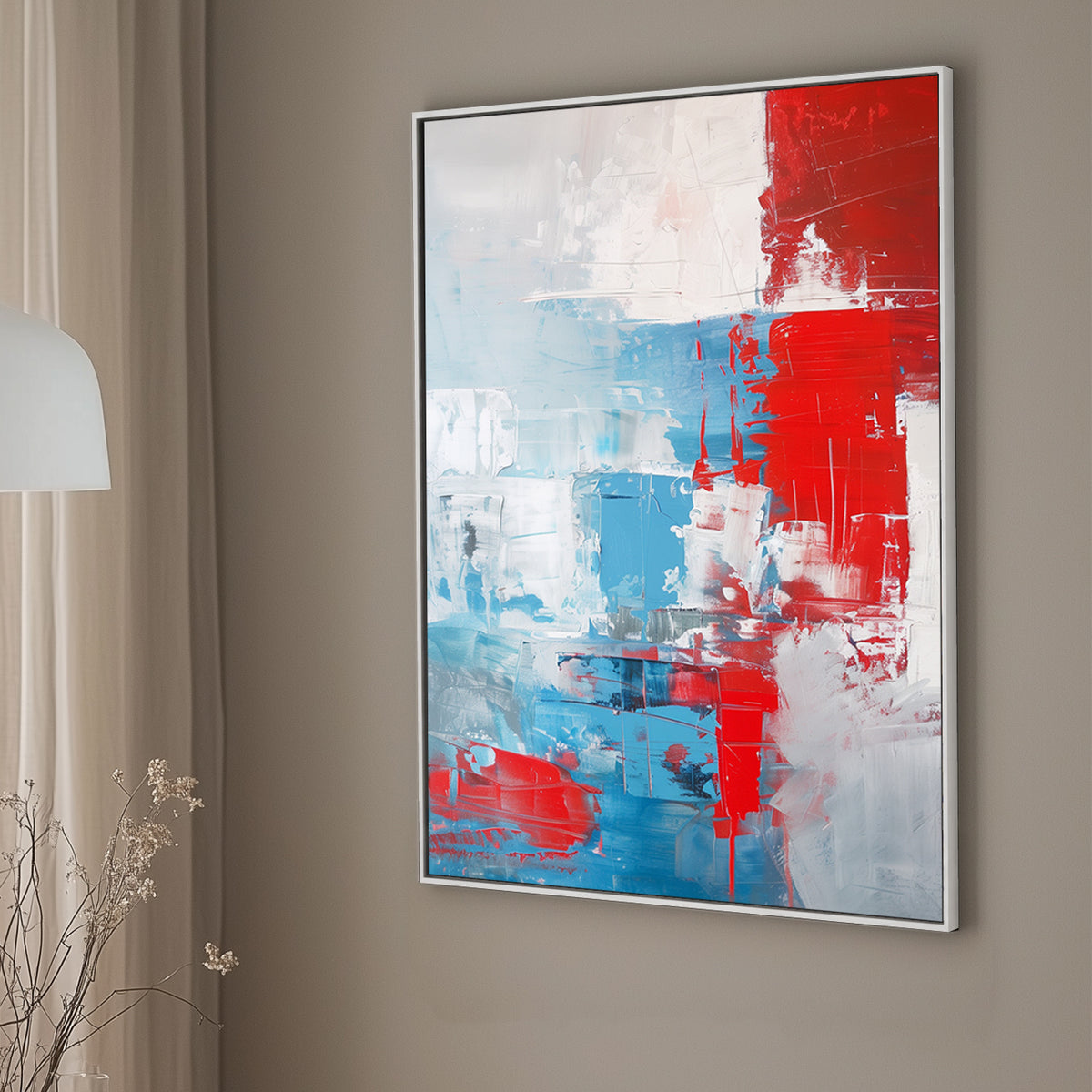 Abstract wall art print featuring vibrant red and tranquil blue hues, accented by soft white and grey textures, creating a dynamic and balanced composition perfect for modern interiors.
