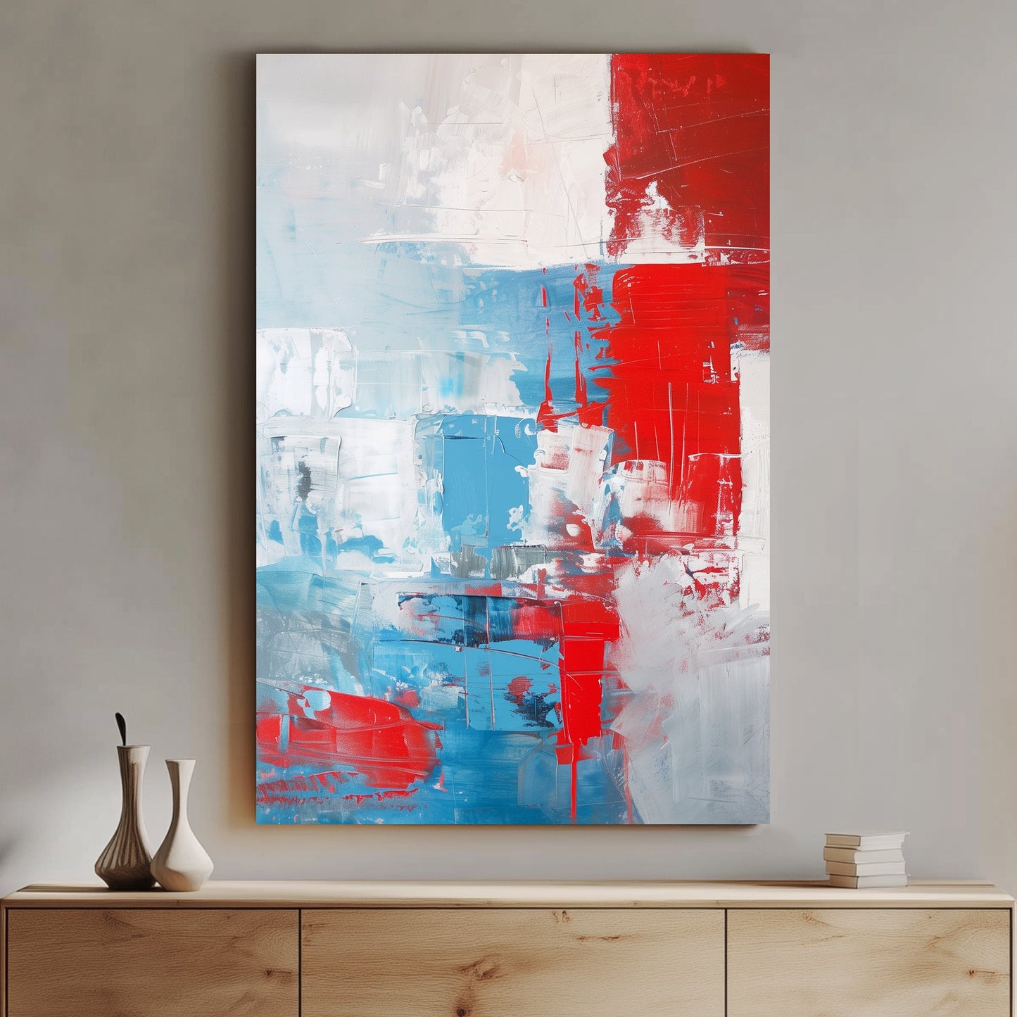 Abstract wall art print featuring vibrant red and tranquil blue hues, accented by soft white and grey textures, creating a dynamic and balanced composition perfect for modern interiors.