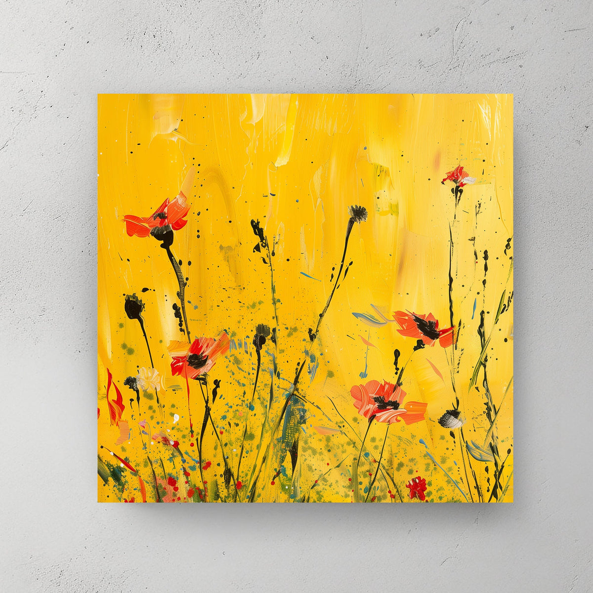 Abstract floral wall art print of red blossoms on slender stems against a vibrant yellow background, evoking the warmth of a sunlit meadow. Perfect for uplifting modern or rustic interiors.