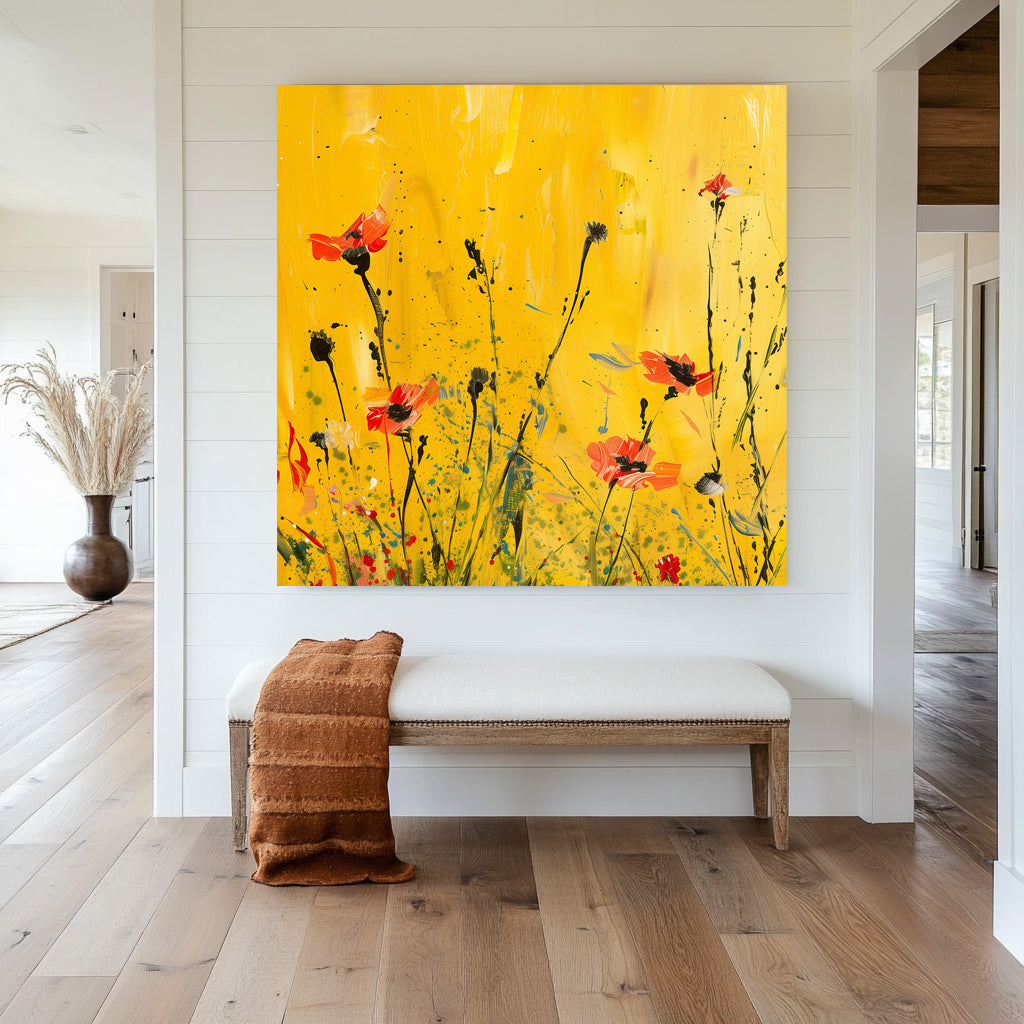 Abstract floral wall art print of red blossoms on slender stems against a vibrant yellow background, evoking the warmth of a sunlit meadow. Perfect for uplifting modern or rustic interiors.