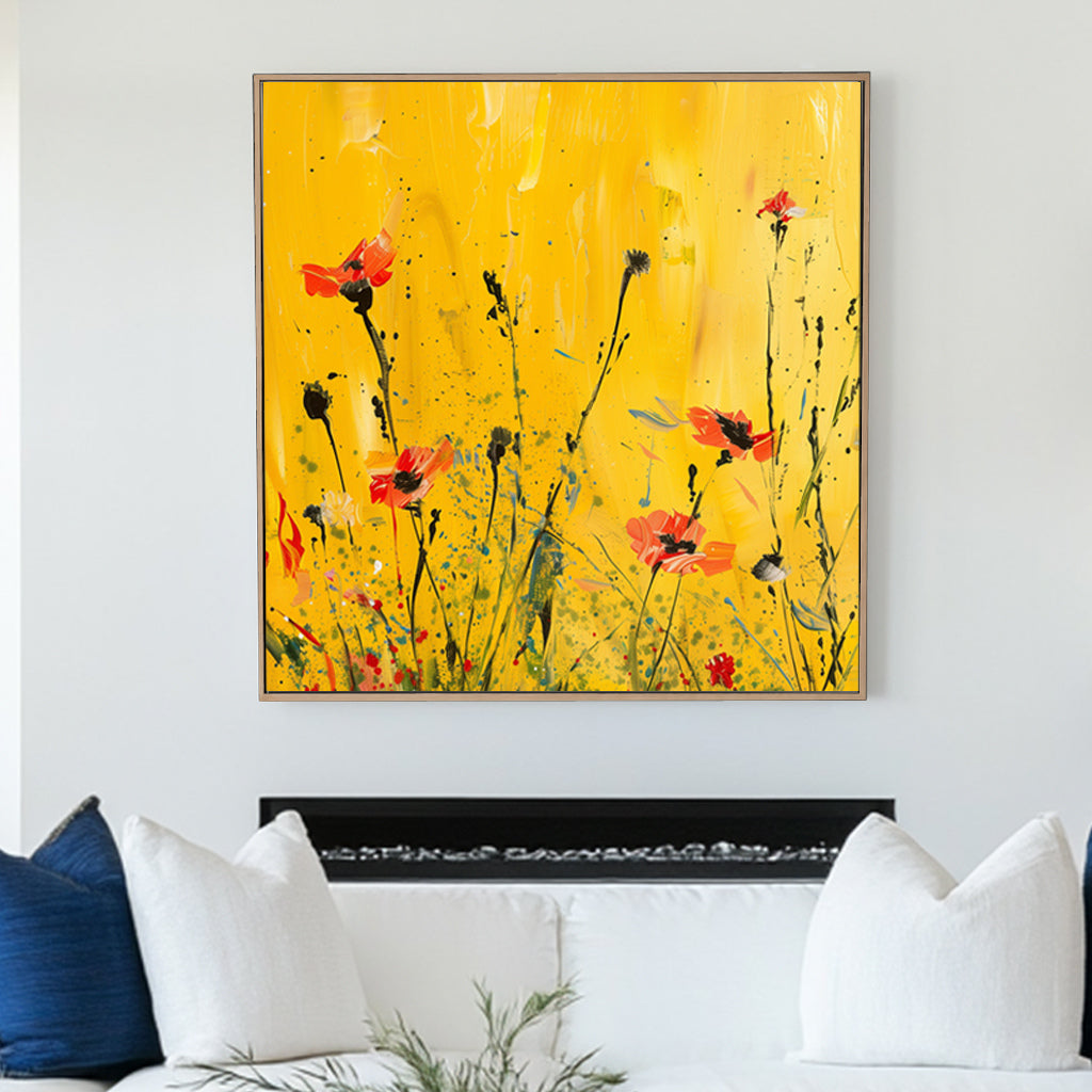 Abstract floral wall art print of red blossoms on slender stems against a vibrant yellow background, evoking the warmth of a sunlit meadow. Perfect for uplifting modern or rustic interiors.