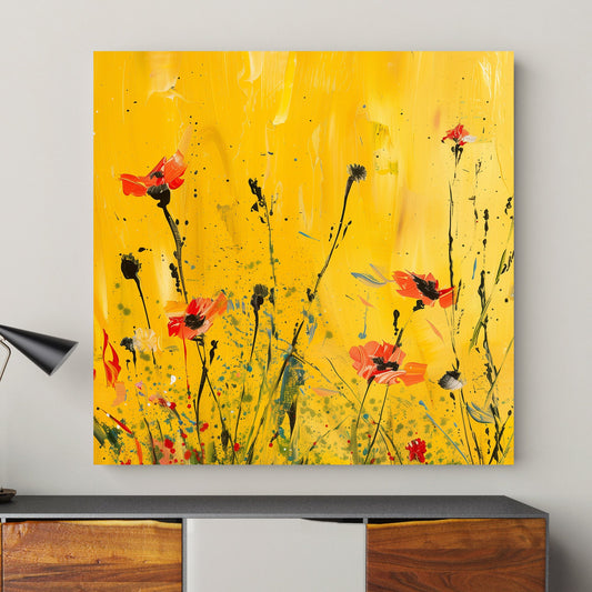 Abstract floral wall art print of red blossoms on slender stems against a vibrant yellow background, evoking the warmth of a sunlit meadow. Perfect for uplifting modern or rustic interiors.