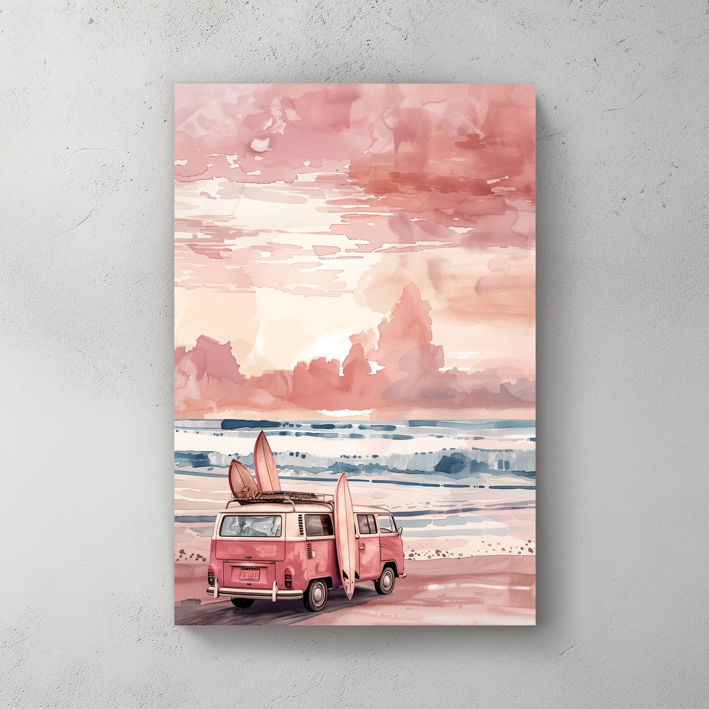 A vintage pink surf van with surfboards leaning against it, parked on a peaceful beach at sunset. Soft pastel skies and rolling waves create a dreamy, watercolour-inspired coastal scene.