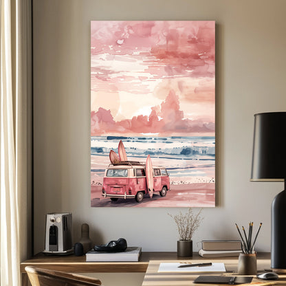 A vintage pink surf van with surfboards leaning against it, parked on a peaceful beach at sunset. Soft pastel skies and rolling waves create a dreamy, watercolour-inspired coastal scene.