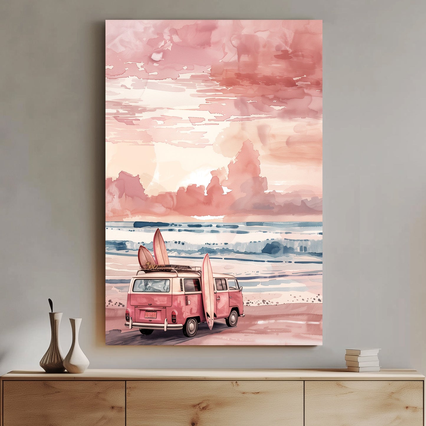 A vintage pink surf van with surfboards leaning against it, parked on a peaceful beach at sunset. Soft pastel skies and rolling waves create a dreamy, watercolour-inspired coastal scene.