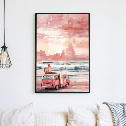 A vintage pink surf van with surfboards leaning against it, parked on a peaceful beach at sunset. Soft pastel skies and rolling waves create a dreamy, watercolour-inspired coastal scene.