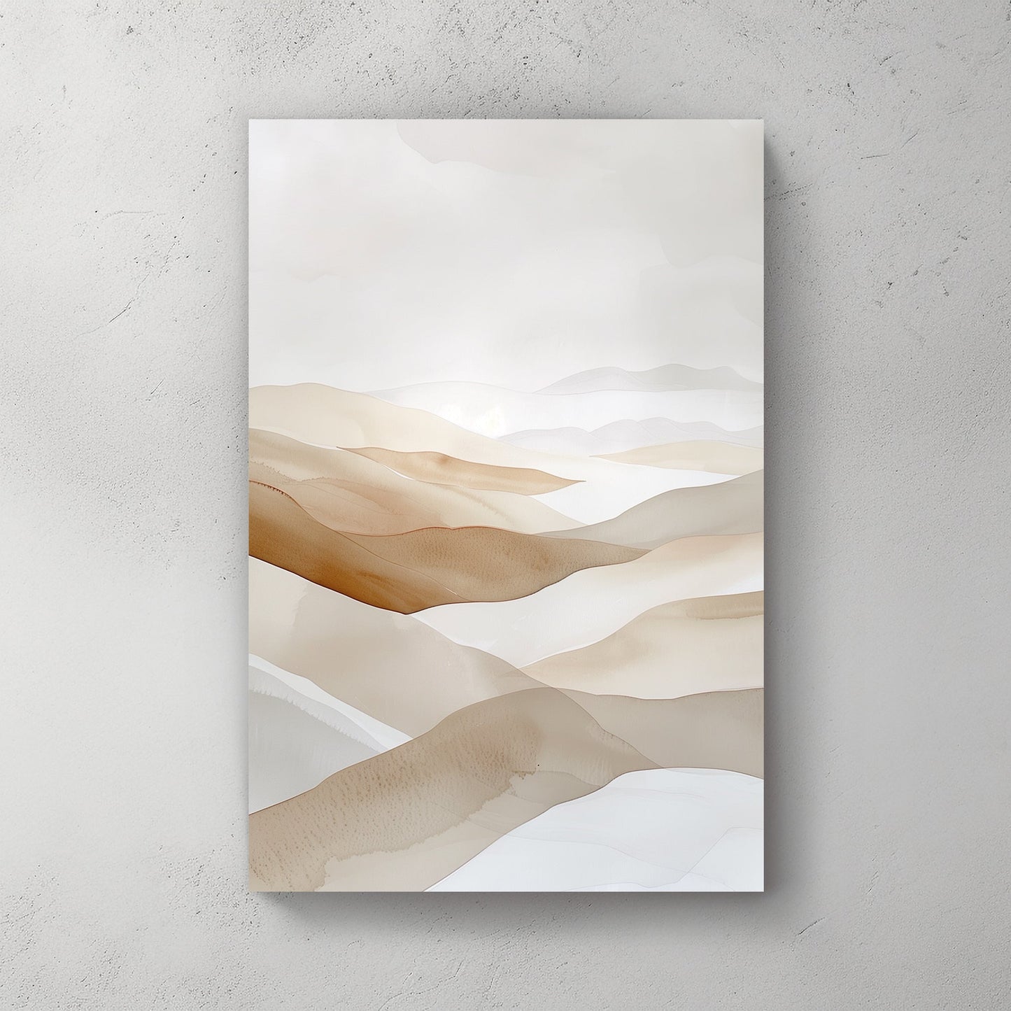 A soft watercolour-inspired landscape of rolling sand dunes in warm beige and taupe tones, creating a serene and minimalist desert scene.