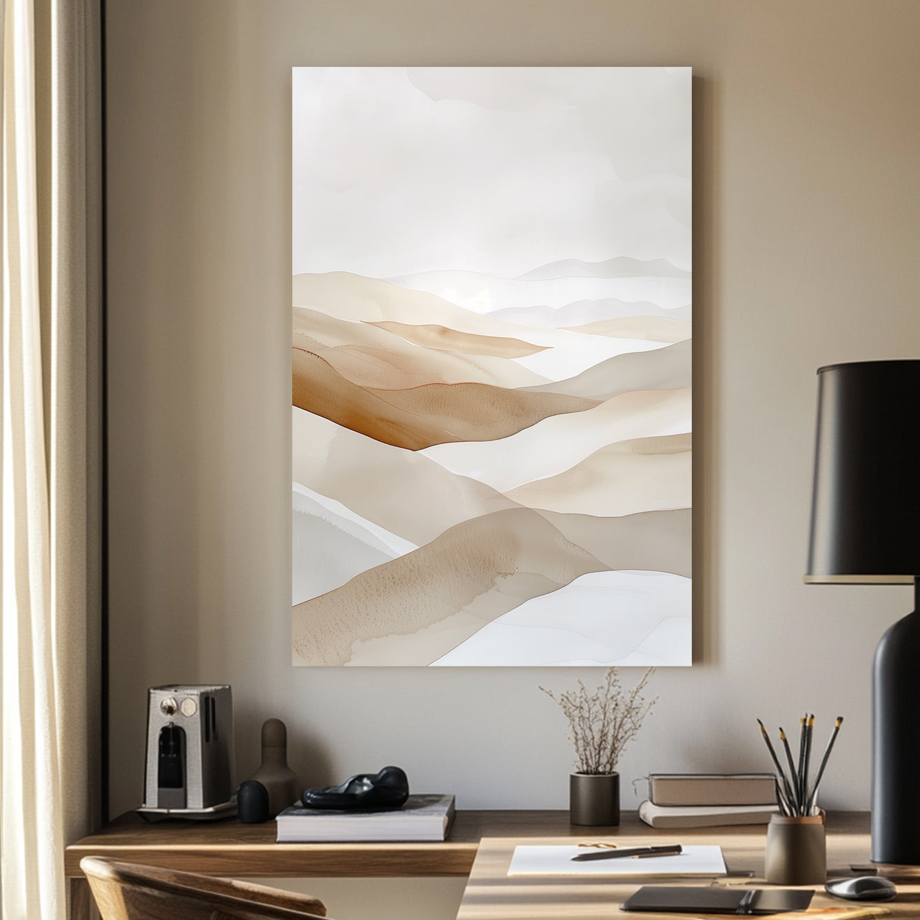 A soft watercolour-inspired landscape of rolling sand dunes in warm beige and taupe tones, creating a serene and minimalist desert scene.