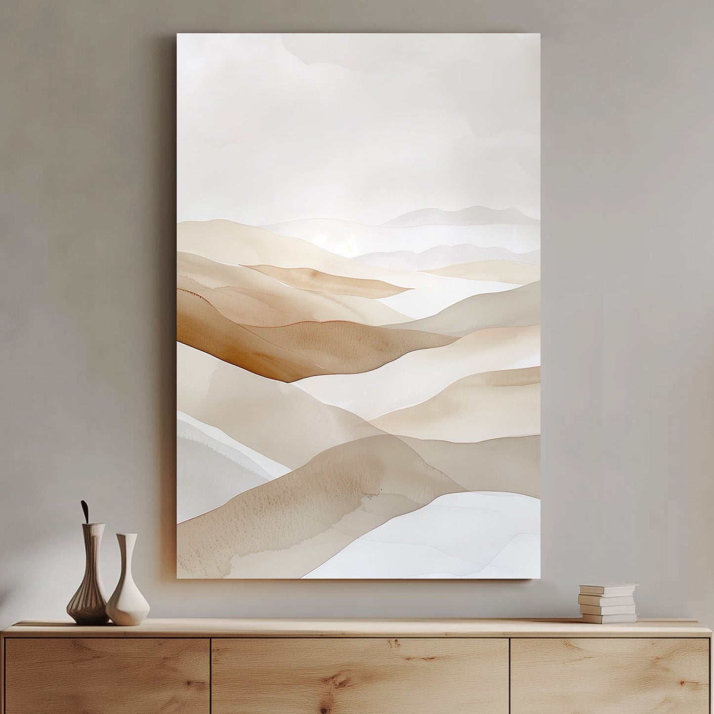 A soft watercolour-inspired landscape of rolling sand dunes in warm beige and taupe tones, creating a serene and minimalist desert scene.