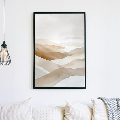 A soft watercolour-inspired landscape of rolling sand dunes in warm beige and taupe tones, creating a serene and minimalist desert scene.