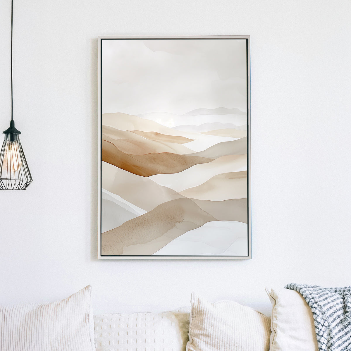 A soft watercolour-inspired landscape of rolling sand dunes in warm beige and taupe tones, creating a serene and minimalist desert scene.