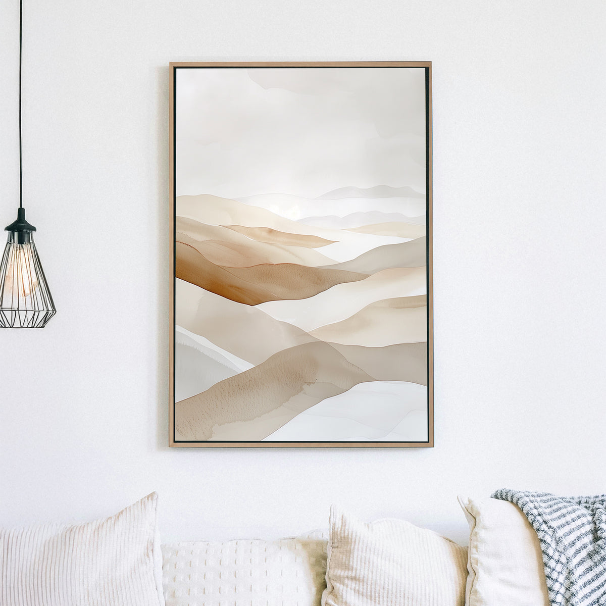 A soft watercolour-inspired landscape of rolling sand dunes in warm beige and taupe tones, creating a serene and minimalist desert scene.