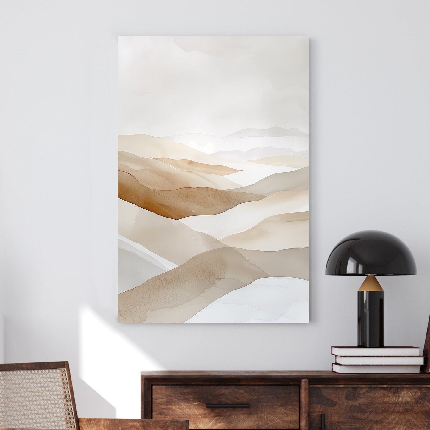 A soft watercolour-inspired landscape of rolling sand dunes in warm beige and taupe tones, creating a serene and minimalist desert scene.