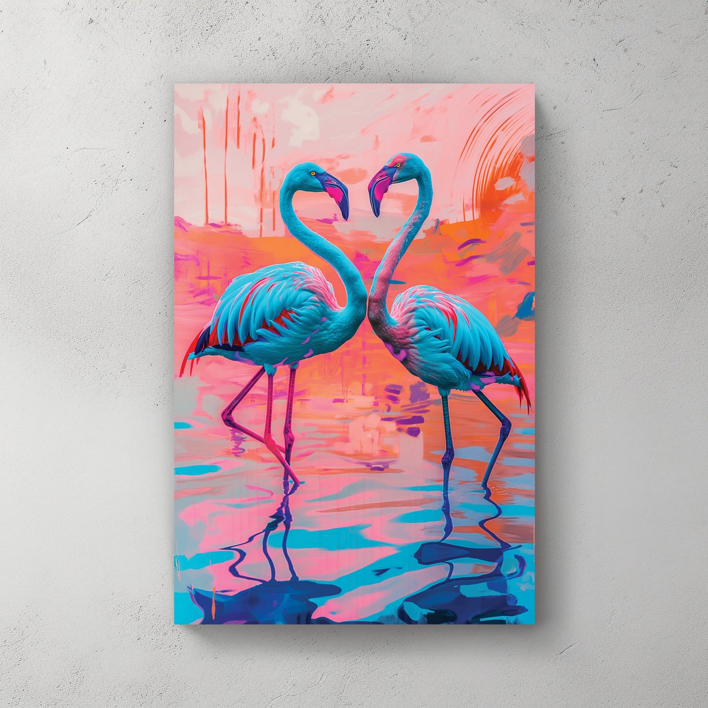 A vibrant digital wall art print of two neon blue and pink flamingos facing each other, forming a heart-like shape against a surreal, colourful abstract background.