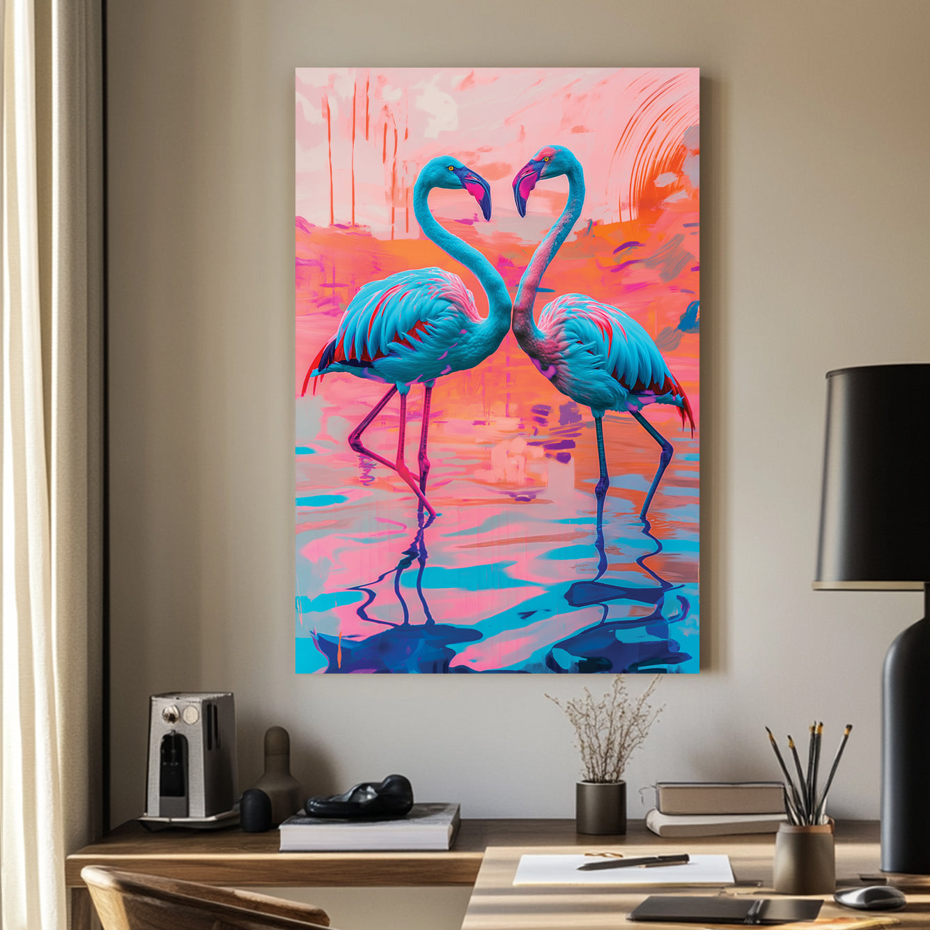 A vibrant digital wall art print of two neon blue and pink flamingos facing each other, forming a heart-like shape against a surreal, colourful abstract background.