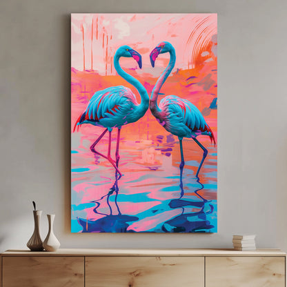 A vibrant digital wall art print of two neon blue and pink flamingos facing each other, forming a heart-like shape against a surreal, colourful abstract background.