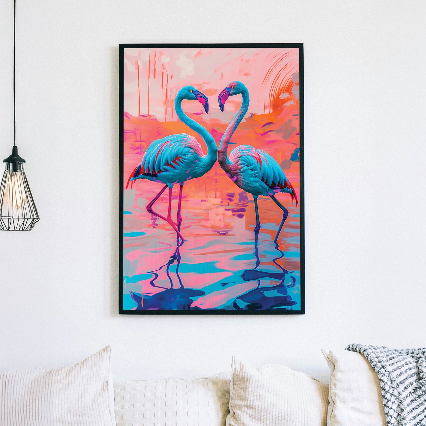 A vibrant digital wall art print of two neon blue and pink flamingos facing each other, forming a heart-like shape against a surreal, colourful abstract background.