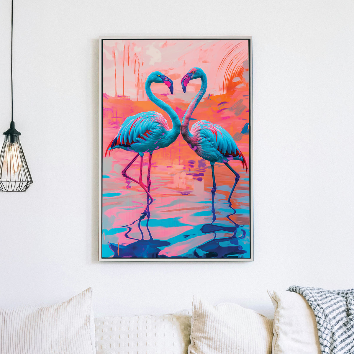 A vibrant digital wall art print of two neon blue and pink flamingos facing each other, forming a heart-like shape against a surreal, colourful abstract background.