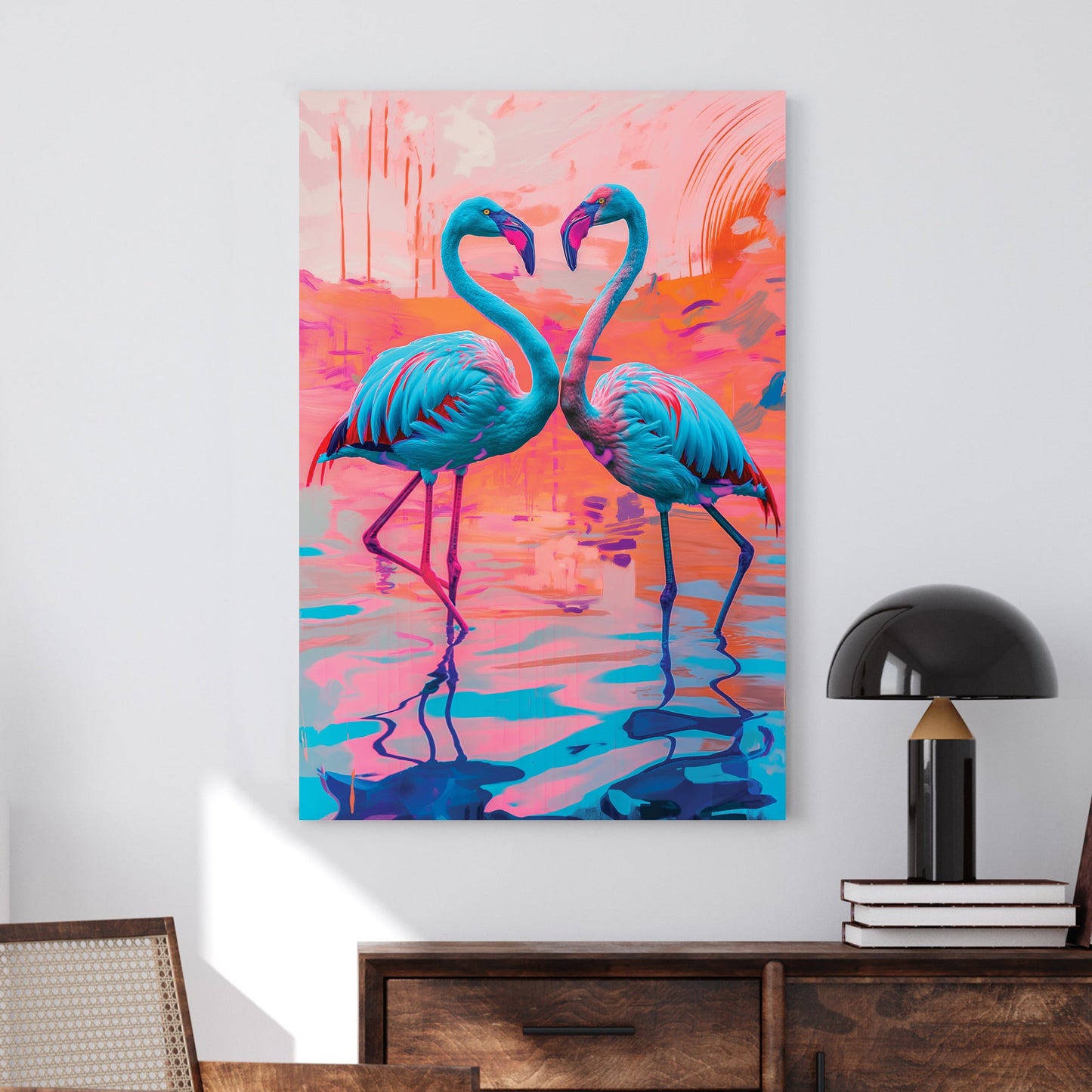 A vibrant digital wall art print of two neon blue and pink flamingos facing each other, forming a heart-like shape against a surreal, colourful abstract background.