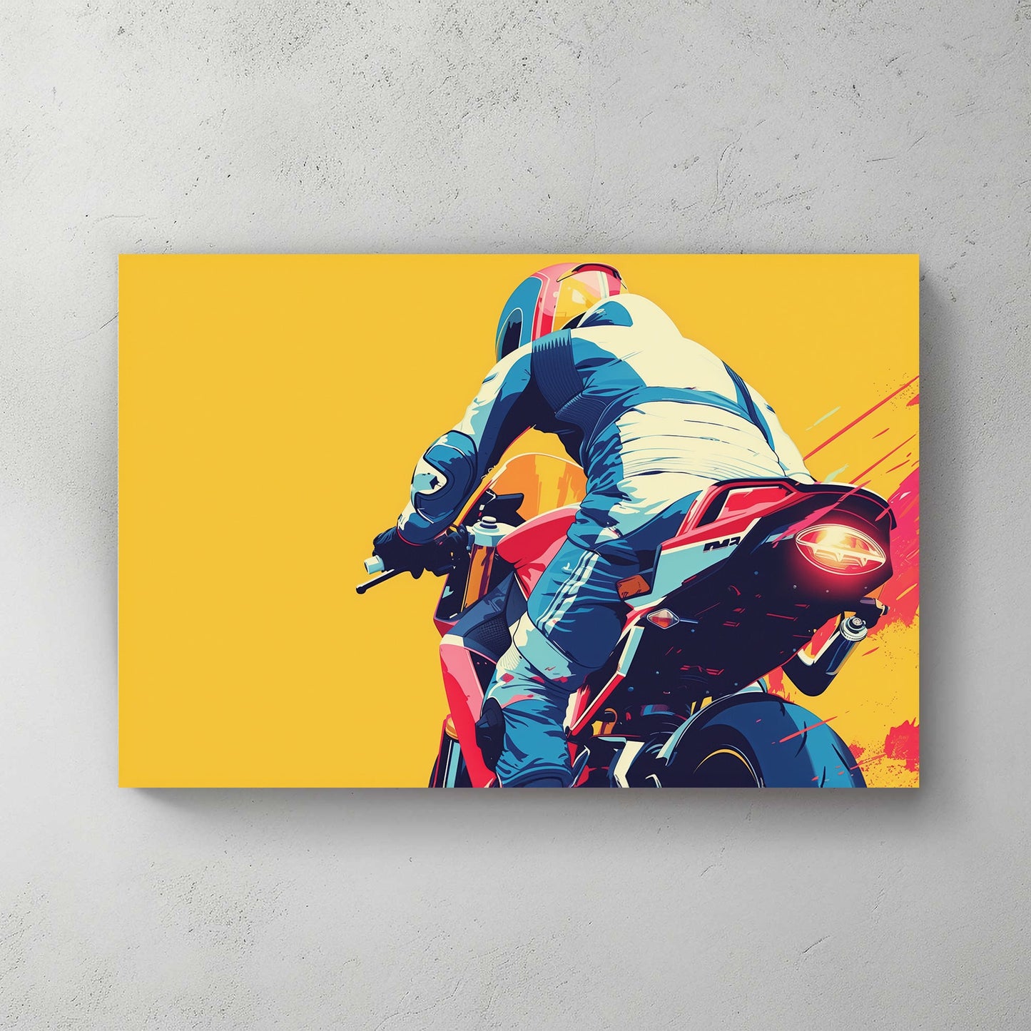 A dynamic pop-art-style digital wall art print of a motorcyclist in motion, racing forward against a bold yellow background with red and navy blue detailing.