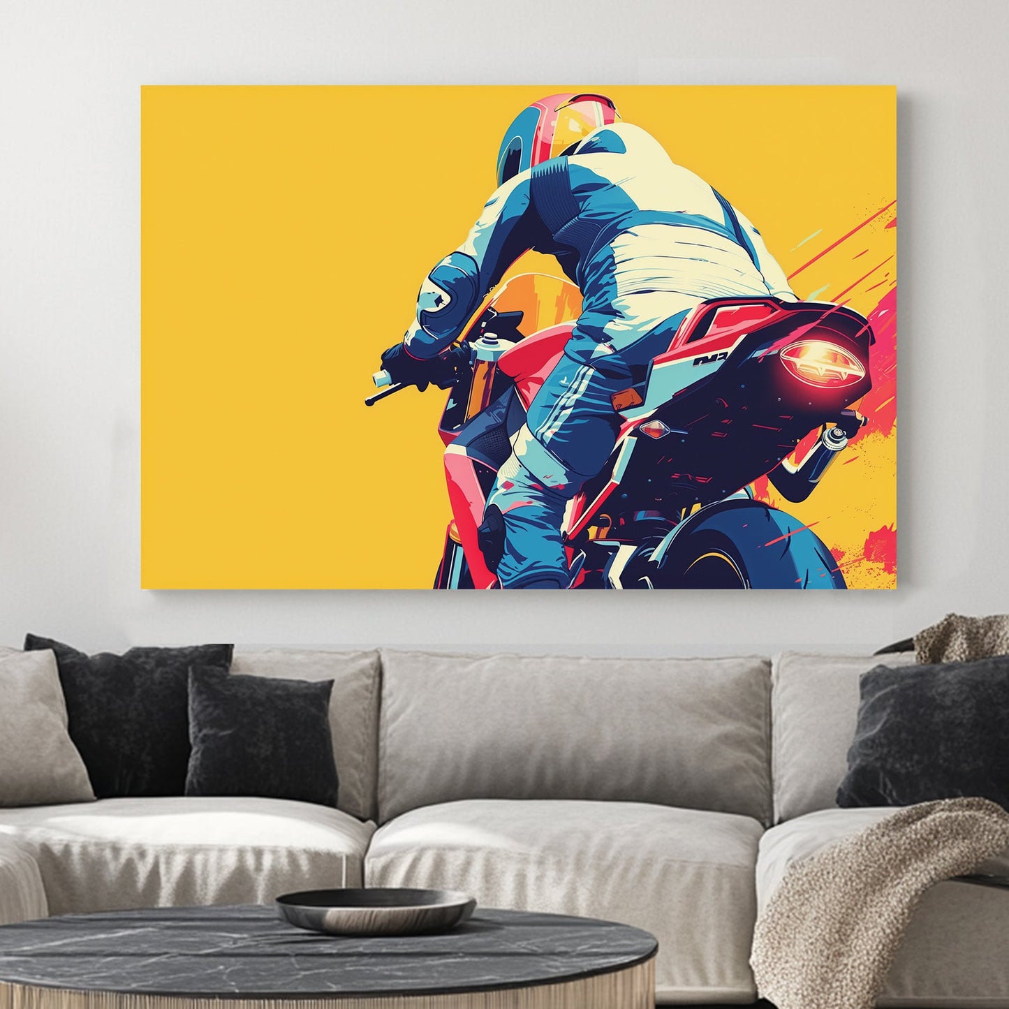 A dynamic pop-art-style digital wall art print of a motorcyclist in motion, racing forward against a bold yellow background with red and navy blue detailing.