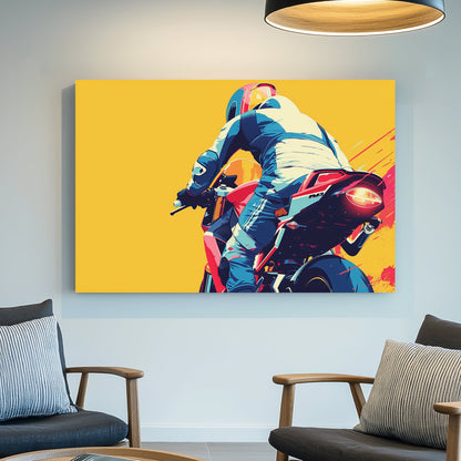 A dynamic pop-art-style digital wall art print of a motorcyclist in motion, racing forward against a bold yellow background with red and navy blue detailing.