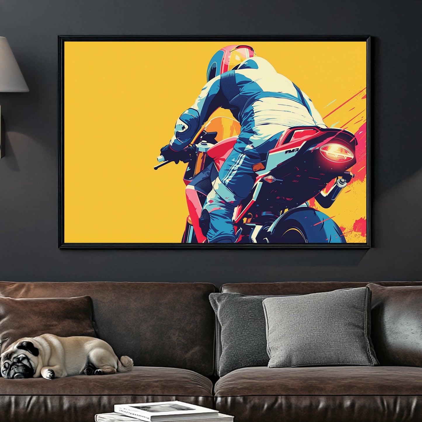 A dynamic pop-art-style digital wall art print of a motorcyclist in motion, racing forward against a bold yellow background with red and navy blue detailing.