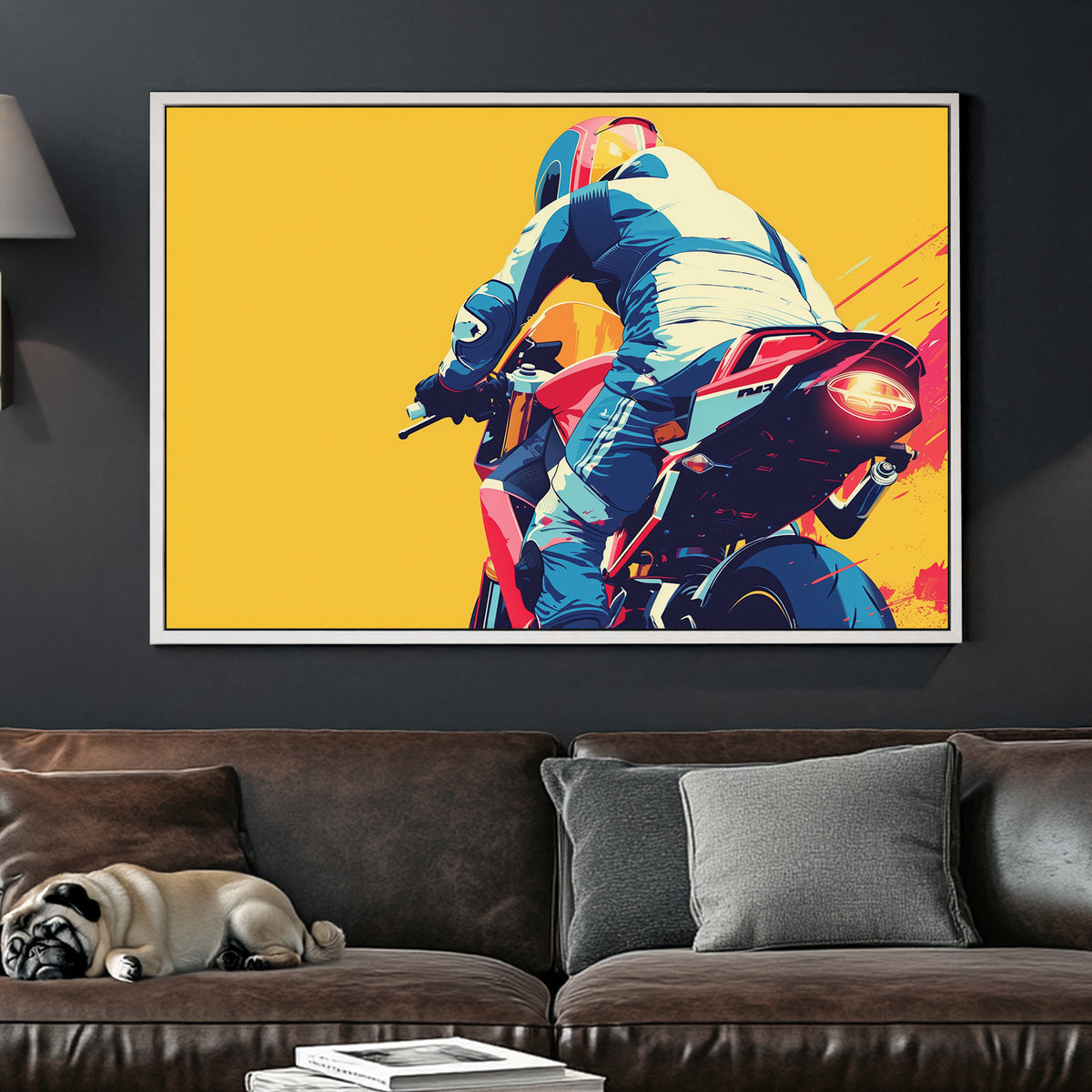 A dynamic pop-art-style digital wall art print of a motorcyclist in motion, racing forward against a bold yellow background with red and navy blue detailing.