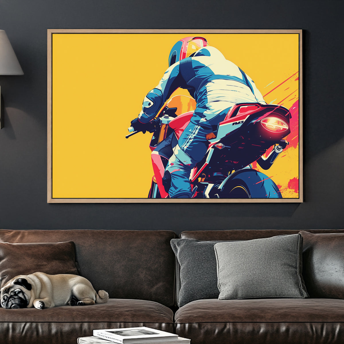A dynamic pop-art-style digital wall art print of a motorcyclist in motion, racing forward against a bold yellow background with red and navy blue detailing.
