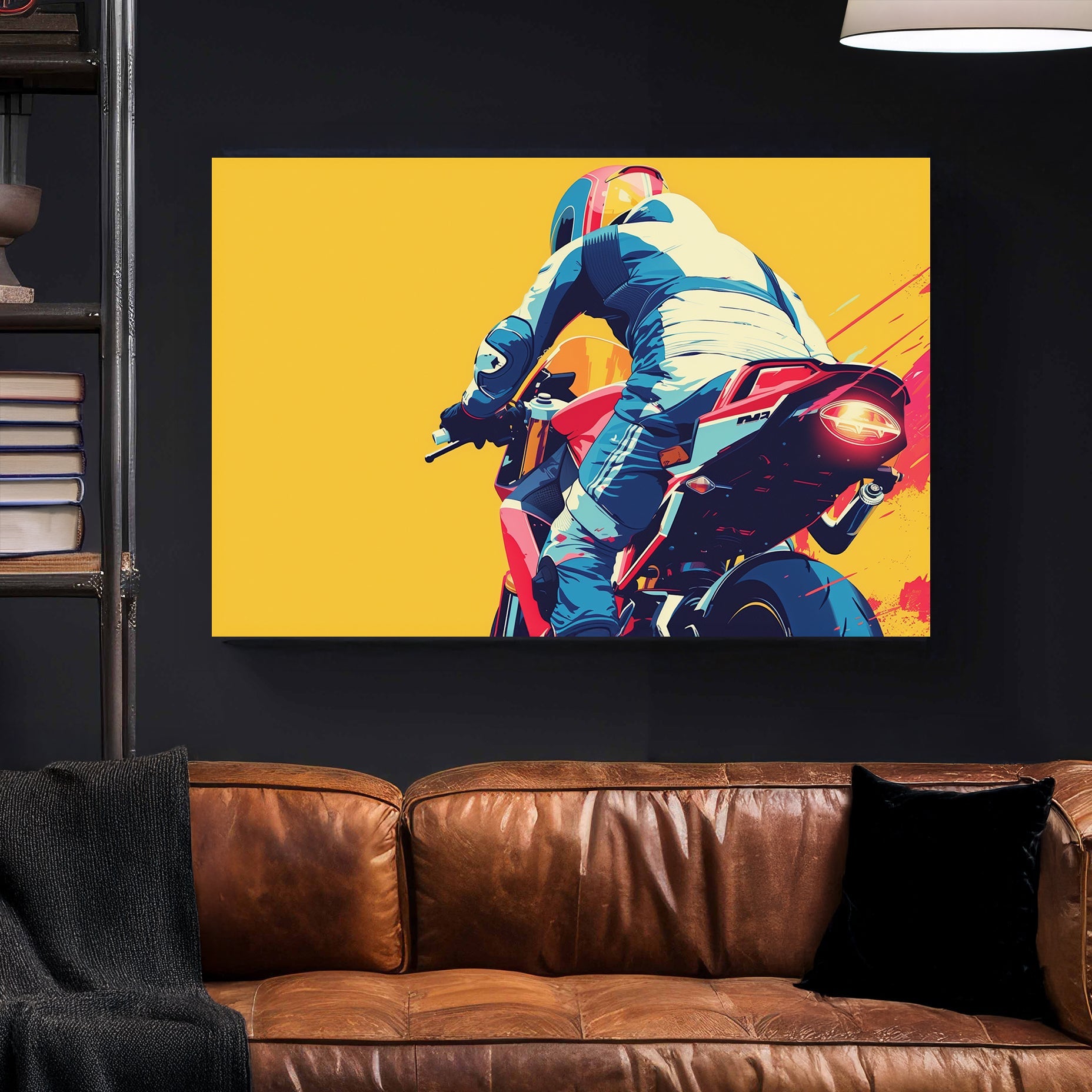 A dynamic pop-art-style digital wall art print of a motorcyclist in motion, racing forward against a bold yellow background with red and navy blue detailing.