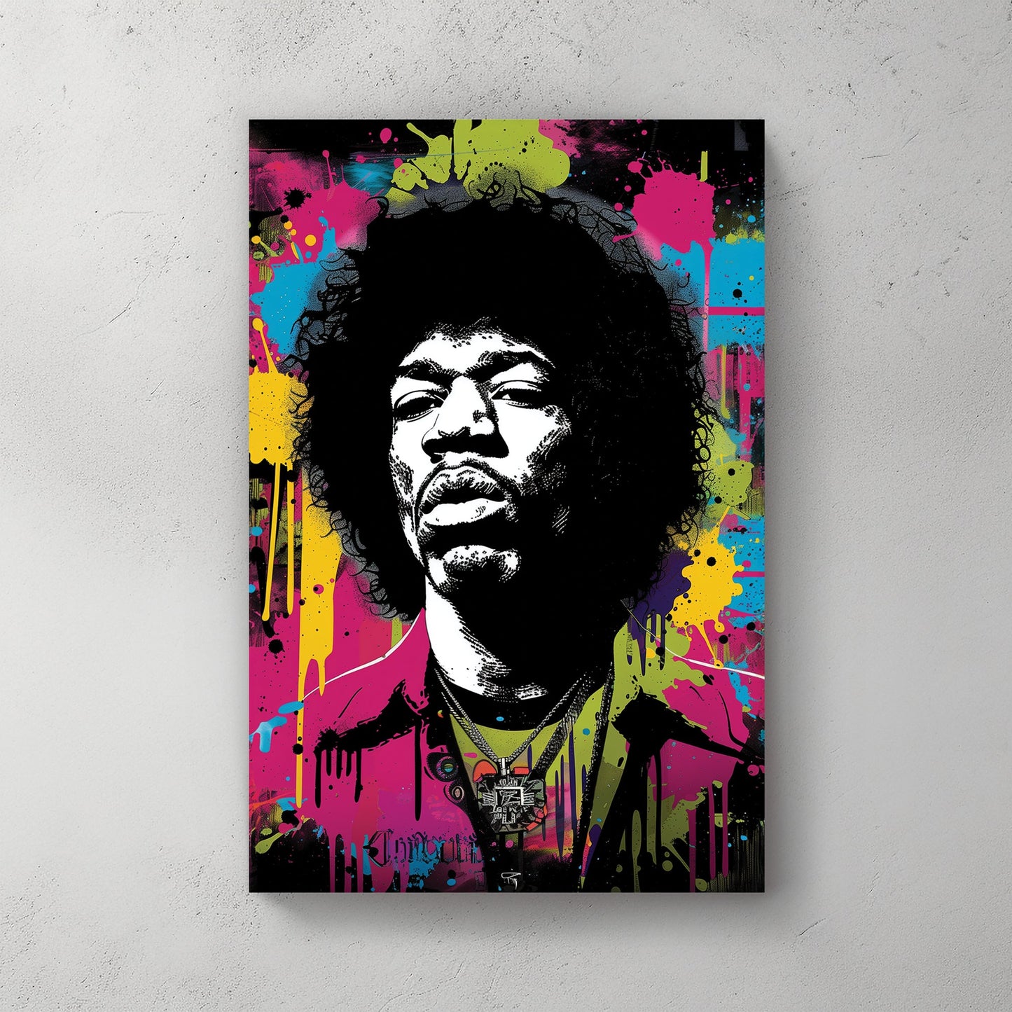 A high-contrast graffiti-style wall art print of a legendary musician with splashes of neon yellow, pink, and blue, creating an energetic and urban-inspired wall art print.