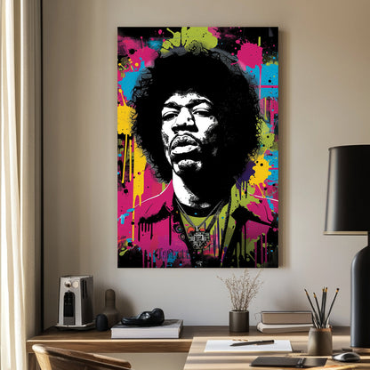 A high-contrast graffiti-style wall art print of a legendary musician with splashes of neon yellow, pink, and blue, creating an energetic and urban-inspired wall art print.