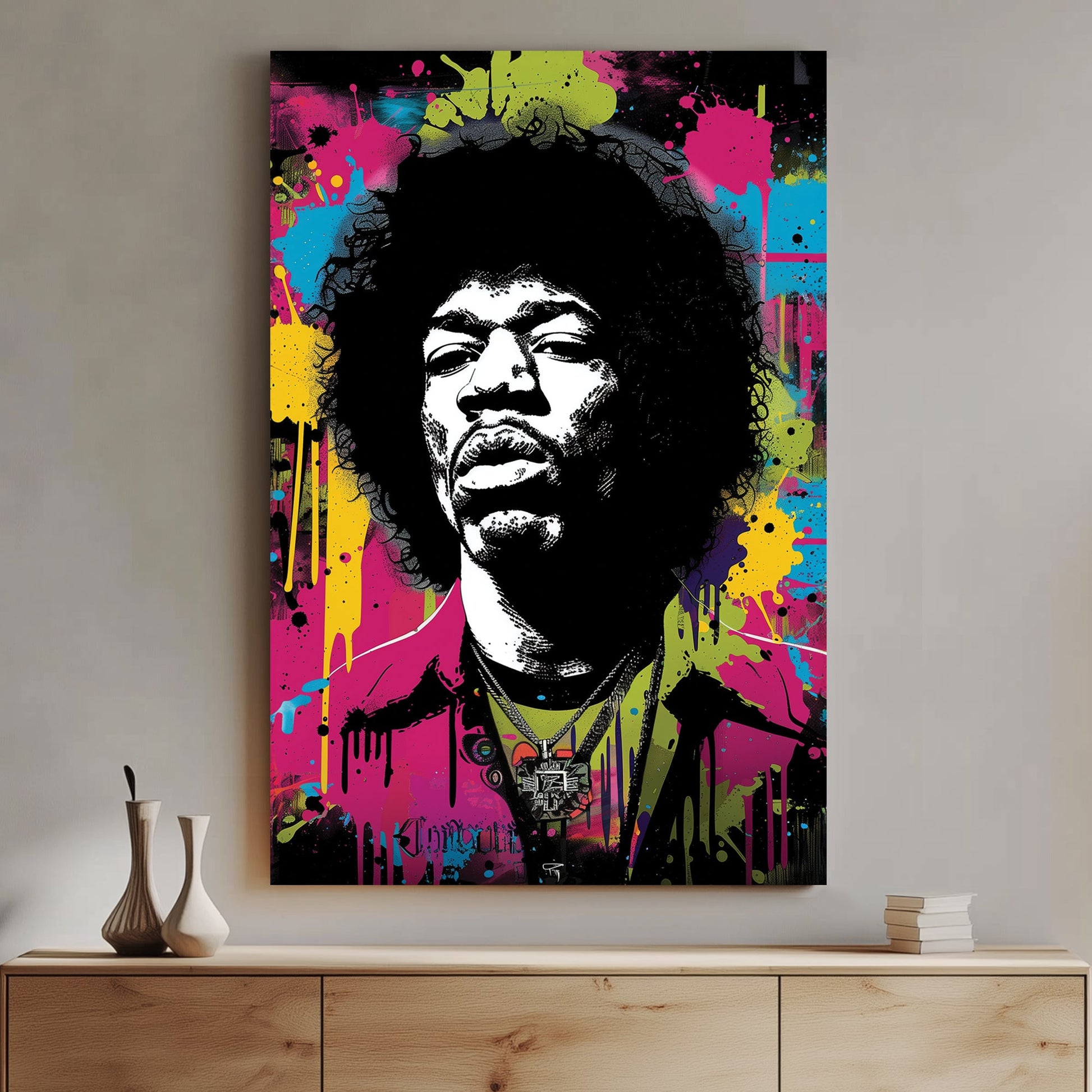 A high-contrast graffiti-style wall art print of a legendary musician with splashes of neon yellow, pink, and blue, creating an energetic and urban-inspired wall art print.