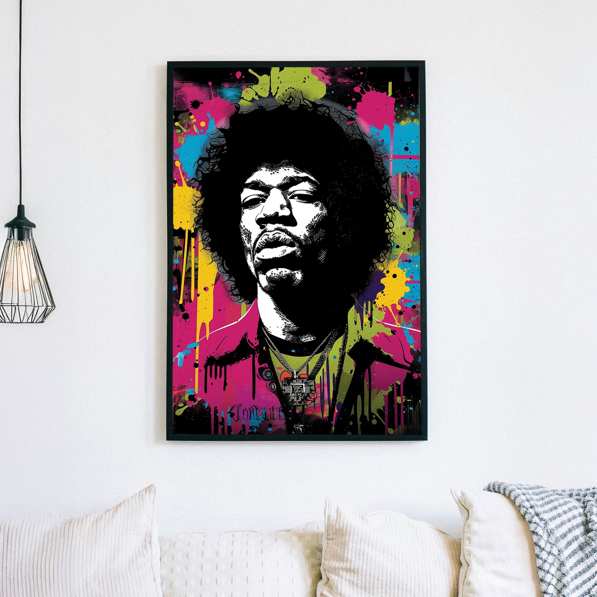 A high-contrast graffiti-style wall art print of a legendary musician with splashes of neon yellow, pink, and blue, creating an energetic and urban-inspired wall art print.