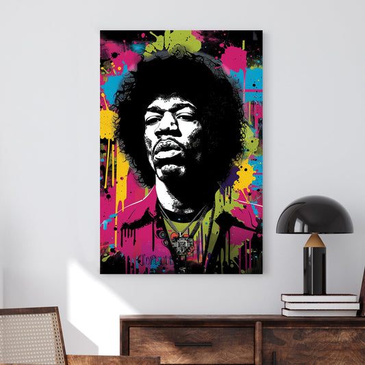 A high-contrast graffiti-style wall art print of a legendary musician with splashes of neon yellow, pink, and blue, creating an energetic and urban-inspired wall art print.