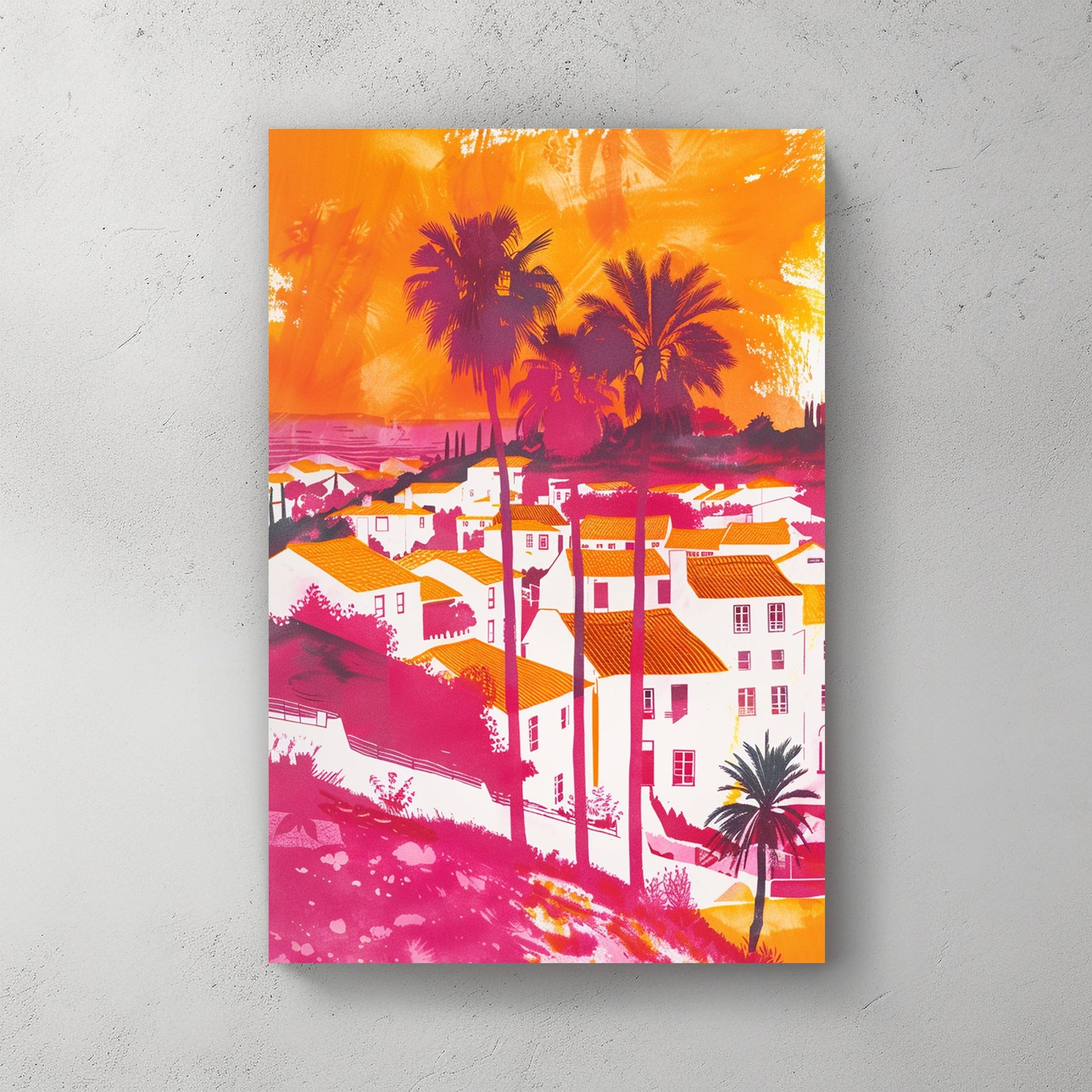 A bold and colourful digital wall art print of a Mediterranean coastal village with palm trees, vibrant orange rooftops, and a pink-hued sunset sky, blending pop art and expressionism.