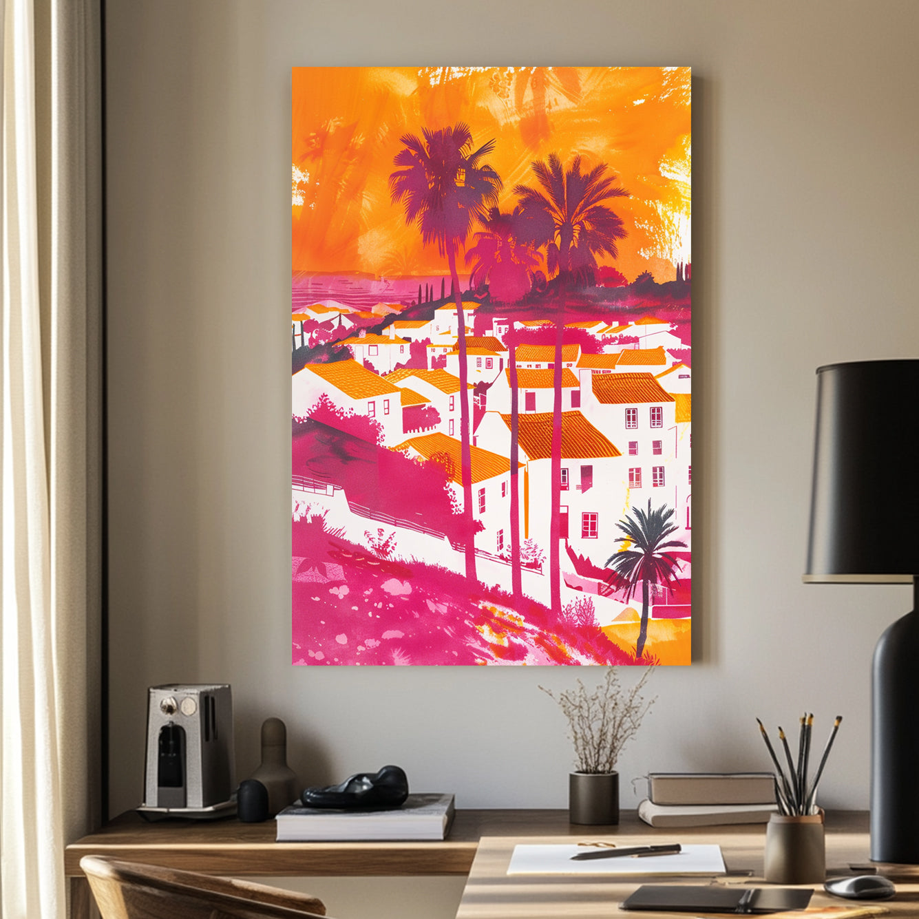 A bold and colourful digital wall art print of a Mediterranean coastal village with palm trees, vibrant orange rooftops, and a pink-hued sunset sky, blending pop art and expressionism.