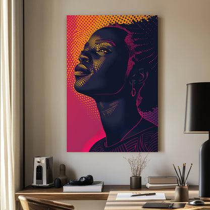 A vibrant digital wall art print of a woman gazing upward, illuminated by neon pink and orange halftone patterns against a deep navy background, blending pop art and digital surrealism.