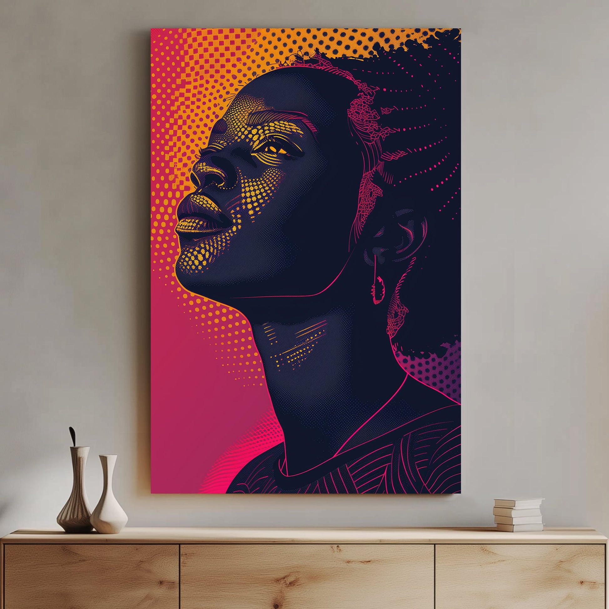 A vibrant digital wall art print of a woman gazing upward, illuminated by neon pink and orange halftone patterns against a deep navy background, blending pop art and digital surrealism.