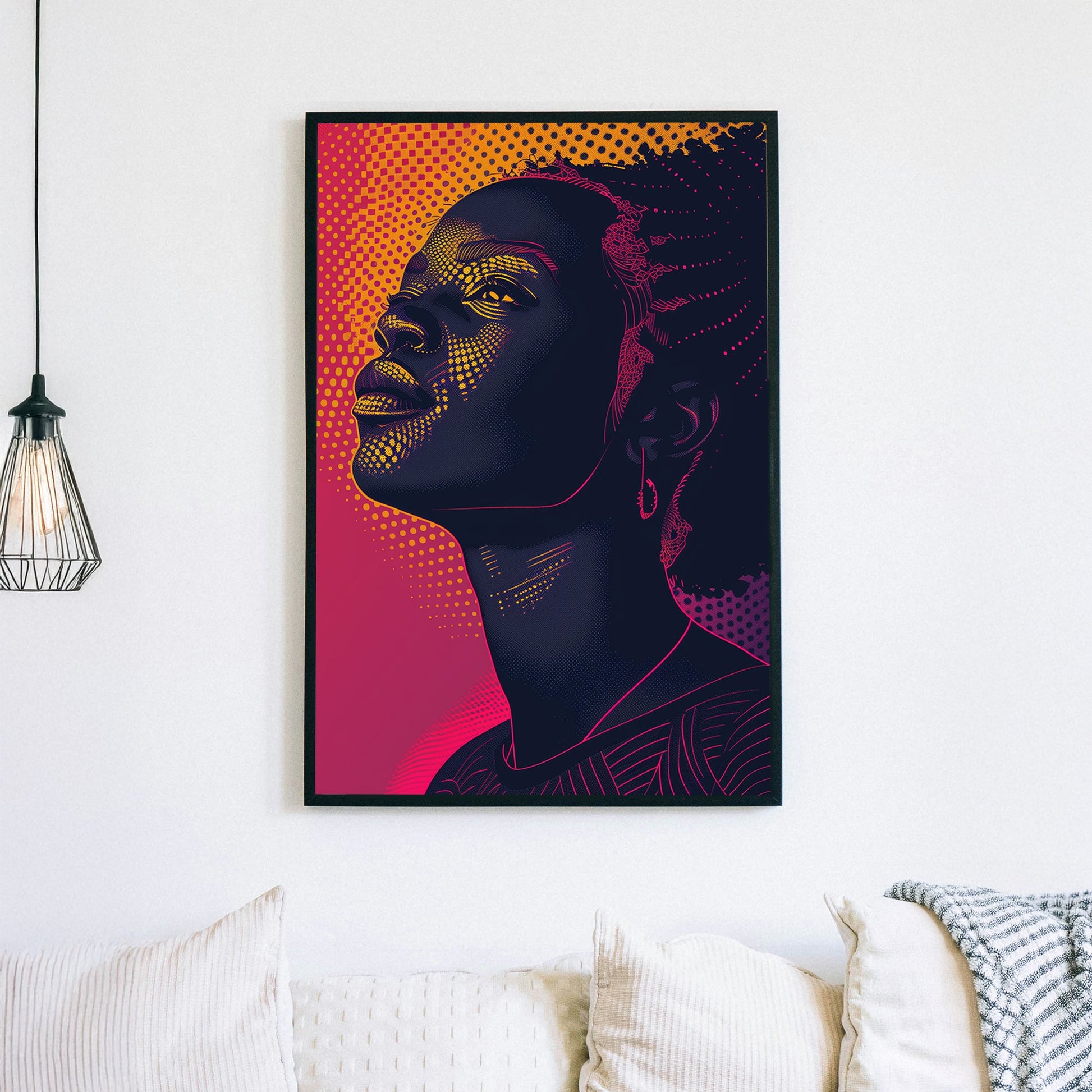 A vibrant digital wall art print of a woman gazing upward, illuminated by neon pink and orange halftone patterns against a deep navy background, blending pop art and digital surrealism.