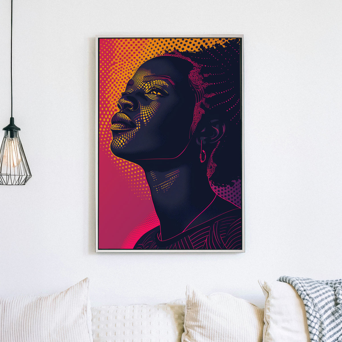 A vibrant digital wall art print of a woman gazing upward, illuminated by neon pink and orange halftone patterns against a deep navy background, blending pop art and digital surrealism.