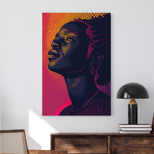 A vibrant digital wall art print of a woman gazing upward, illuminated by neon pink and orange halftone patterns against a deep navy background, blending pop art and digital surrealism.