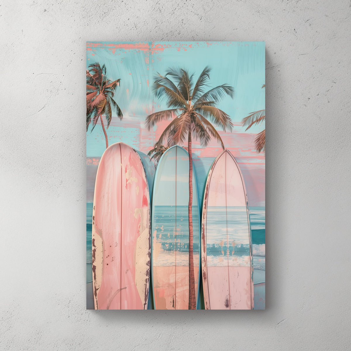 A pastel-hued digital wall art print featuring vintage surfboards leaning against palm trees with a serene ocean backdrop, capturing a laid-back beachside aesthetic.