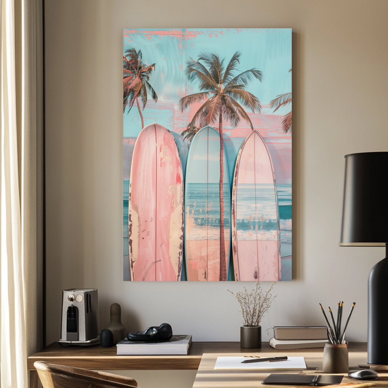 A pastel-hued digital wall art print featuring vintage surfboards leaning against palm trees with a serene ocean backdrop, capturing a laid-back beachside aesthetic.