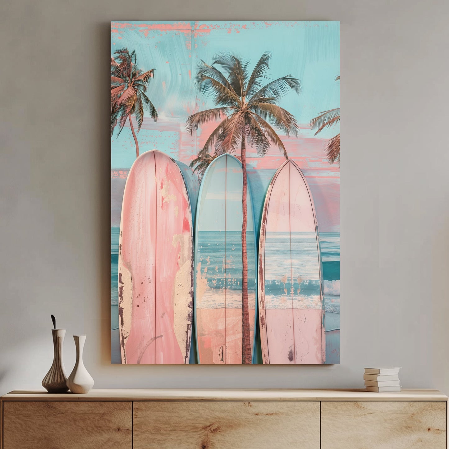 A pastel-hued digital wall art print featuring vintage surfboards leaning against palm trees with a serene ocean backdrop, capturing a laid-back beachside aesthetic.