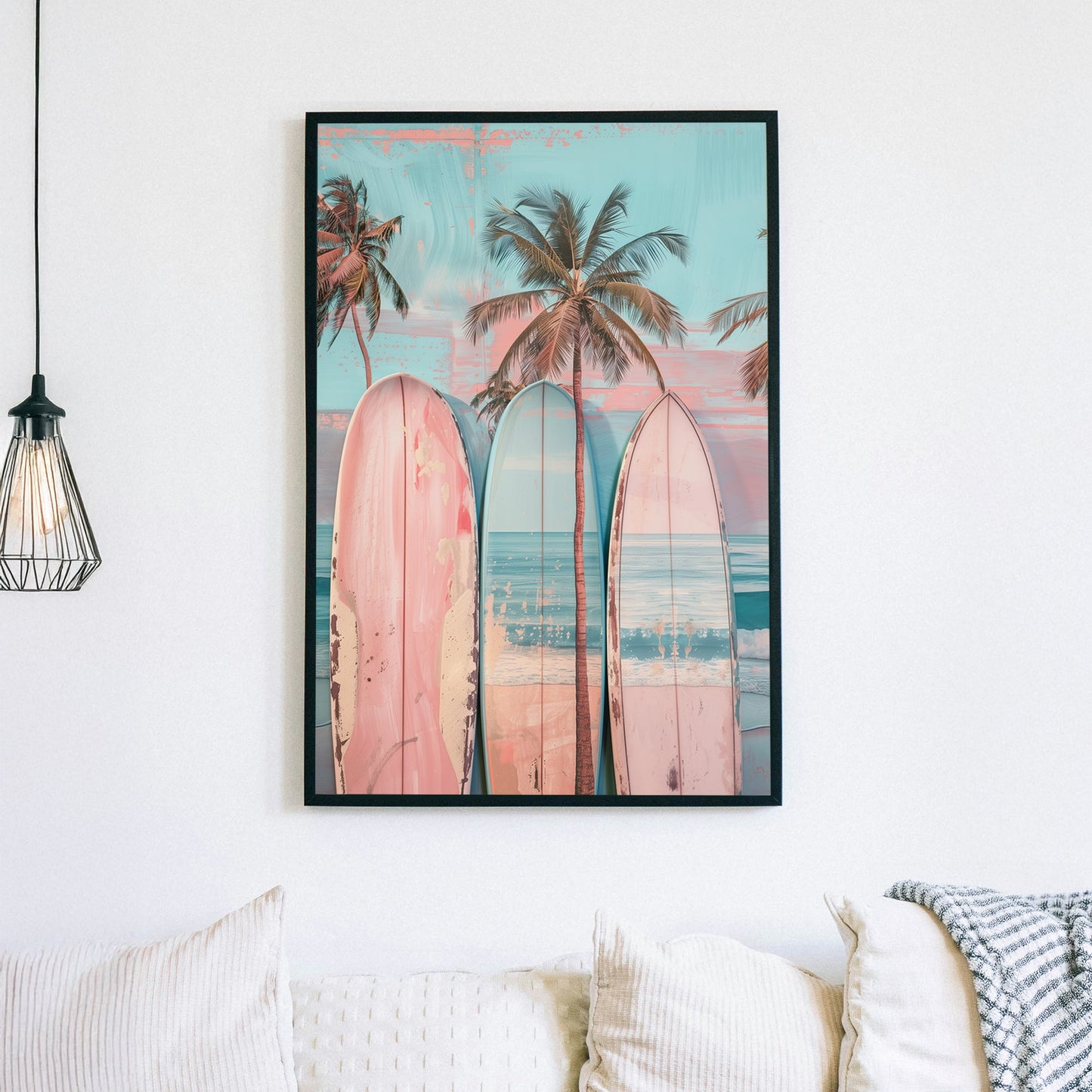 A pastel-hued digital wall art print featuring vintage surfboards leaning against palm trees with a serene ocean backdrop, capturing a laid-back beachside aesthetic.