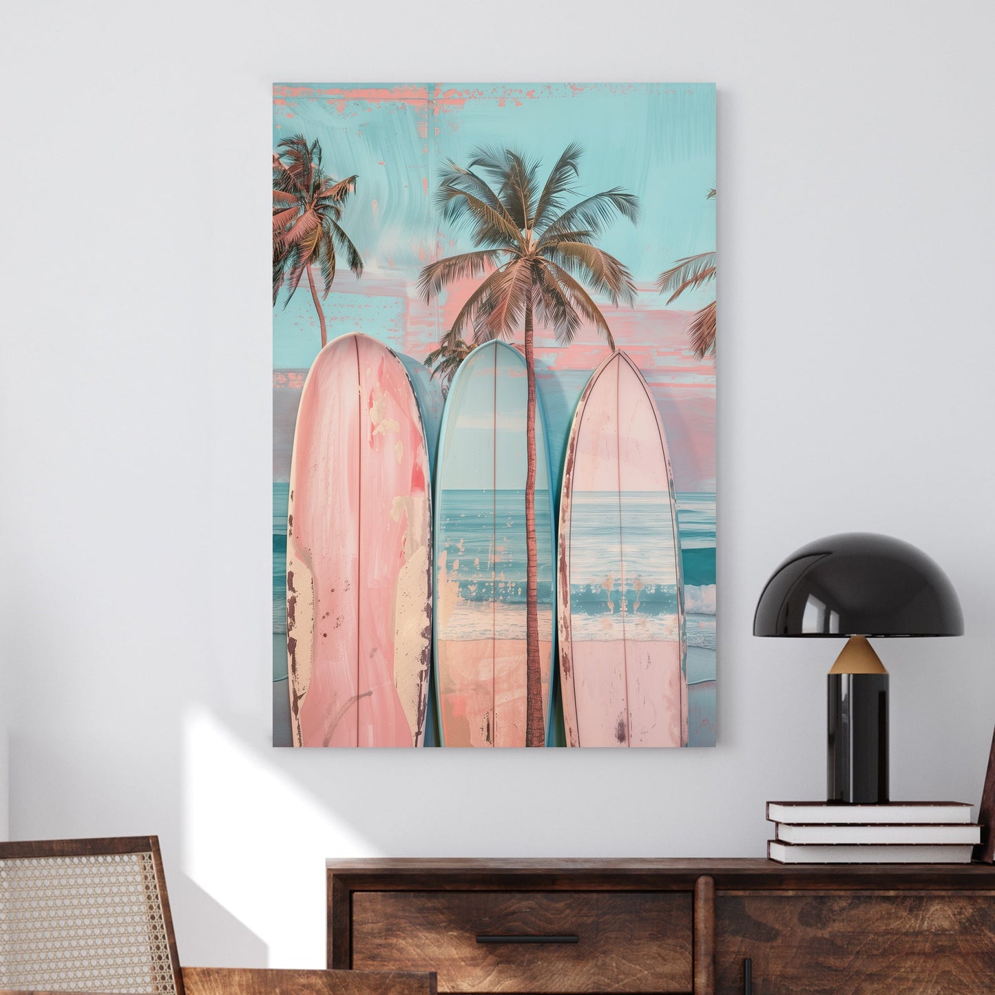 A pastel-hued digital wall art print featuring vintage surfboards leaning against palm trees with a serene ocean backdrop, capturing a laid-back beachside aesthetic.