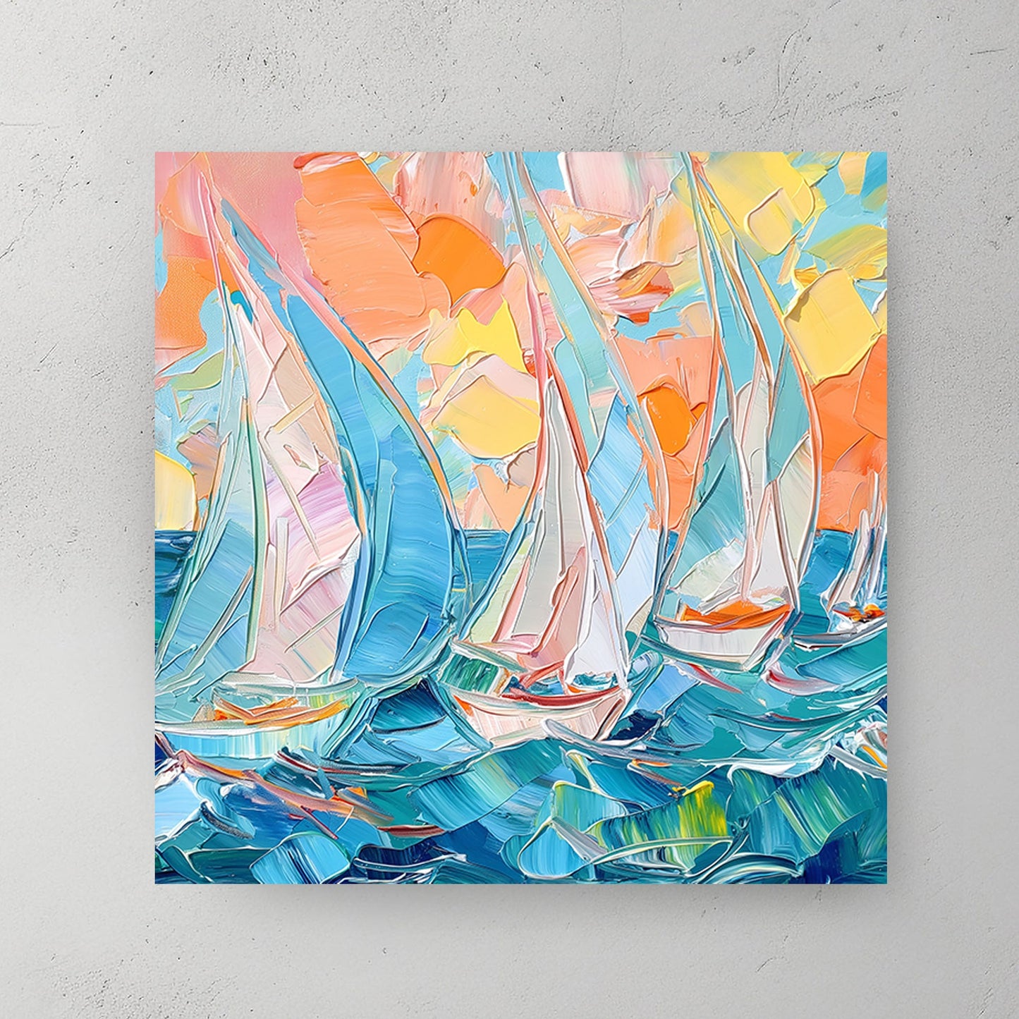 A textured impressionist-style wall art print of sailboats navigating vibrant blue waters under a warm pastel-hued sunset, capturing the movement of the ocean.