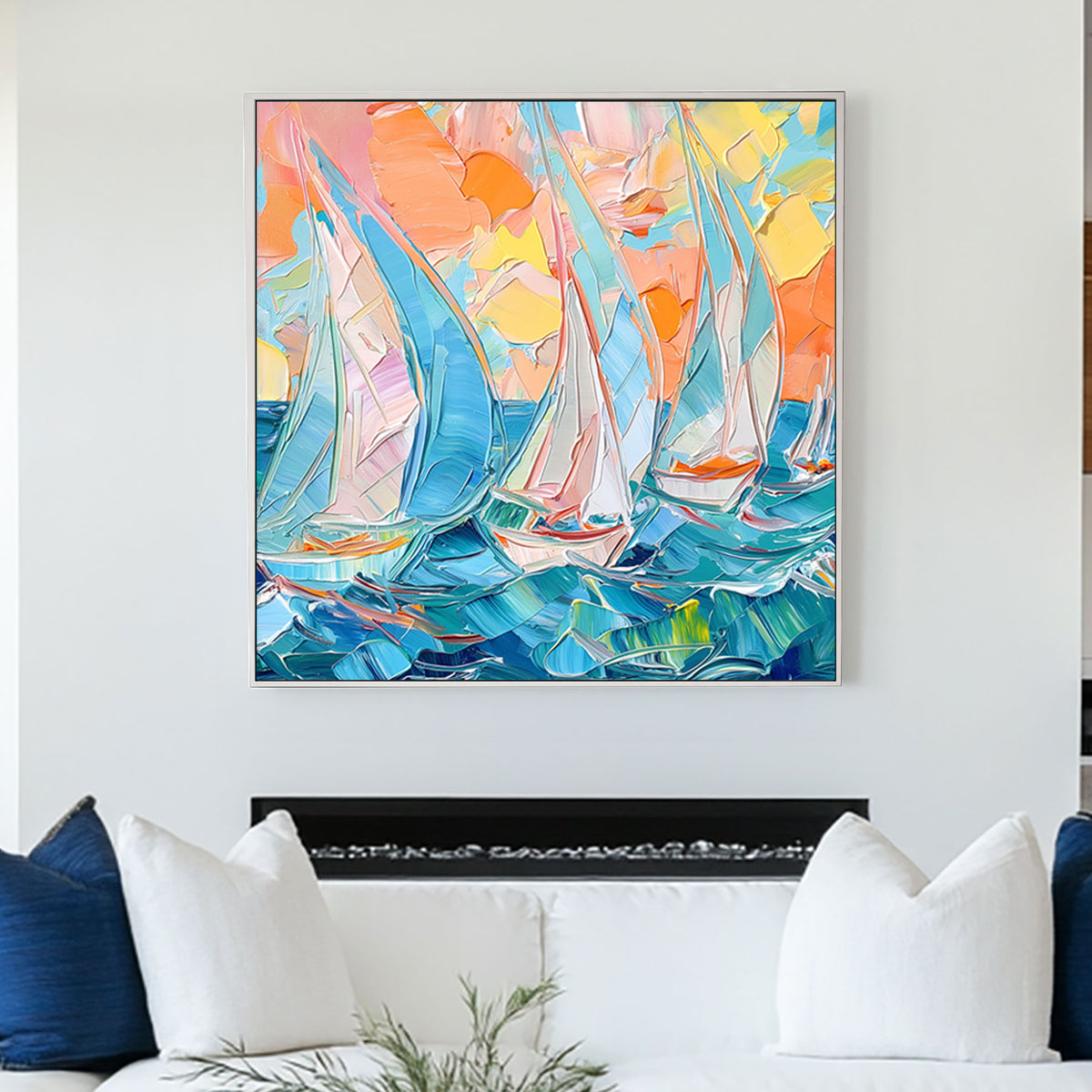 A textured impressionist-style wall art print of sailboats navigating vibrant blue waters under a warm pastel-hued sunset, capturing the movement of the ocean.